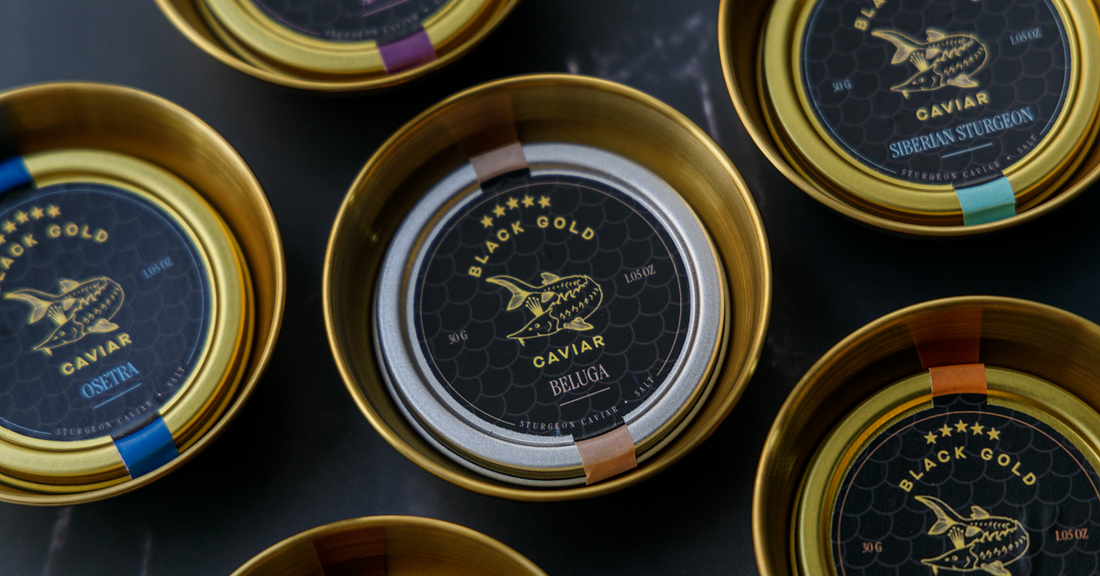 Luxury black caviar selection by Black Gold Caviar — premium sturgeon caviar jars