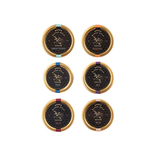 Top view of six open jars from the 1.06 oz full caviar tasting set