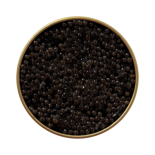 Open jar of Sturgeon caviar with lid next to it