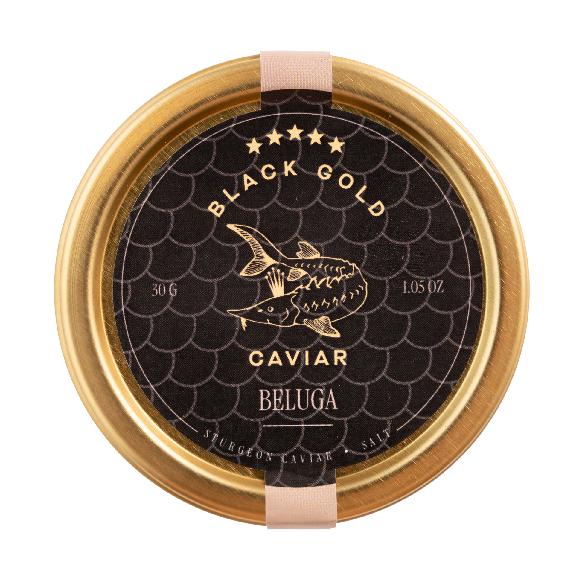 Caviar container with 'Black Gold Caviar Beluga' label on a white background