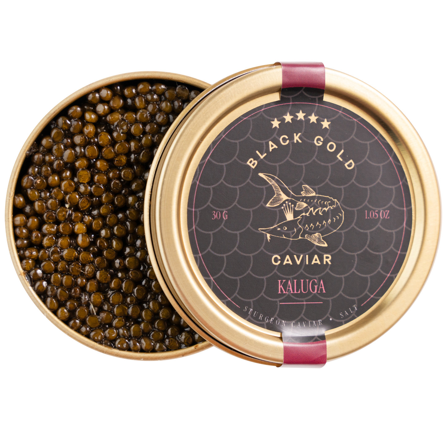 Open container of Kaluga Black Gold Caviar with gold lid and black label.