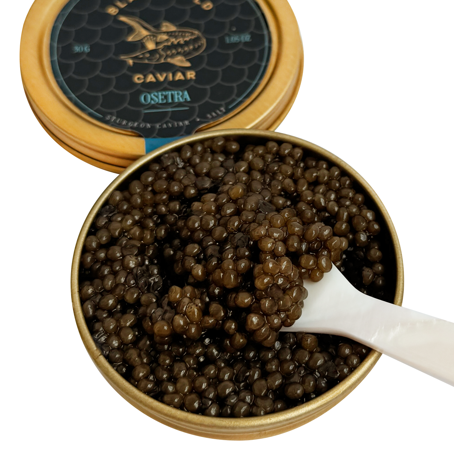 Open jar of Osetra caviar with golden-brown pearls, nutty flavor, luxury delicacy, Chicago