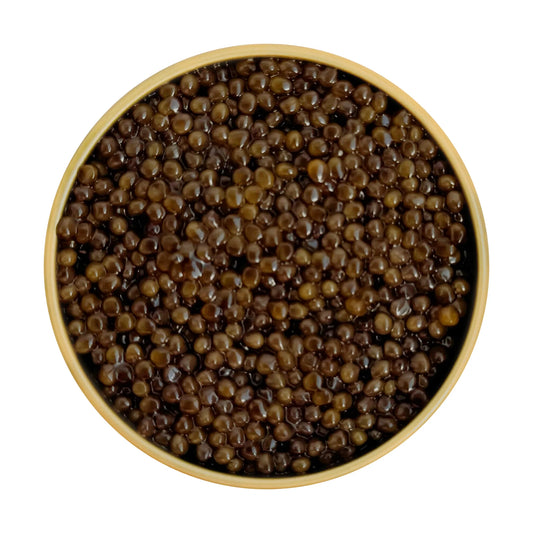 Top view of Amur caviar showing dark glossy pearls
