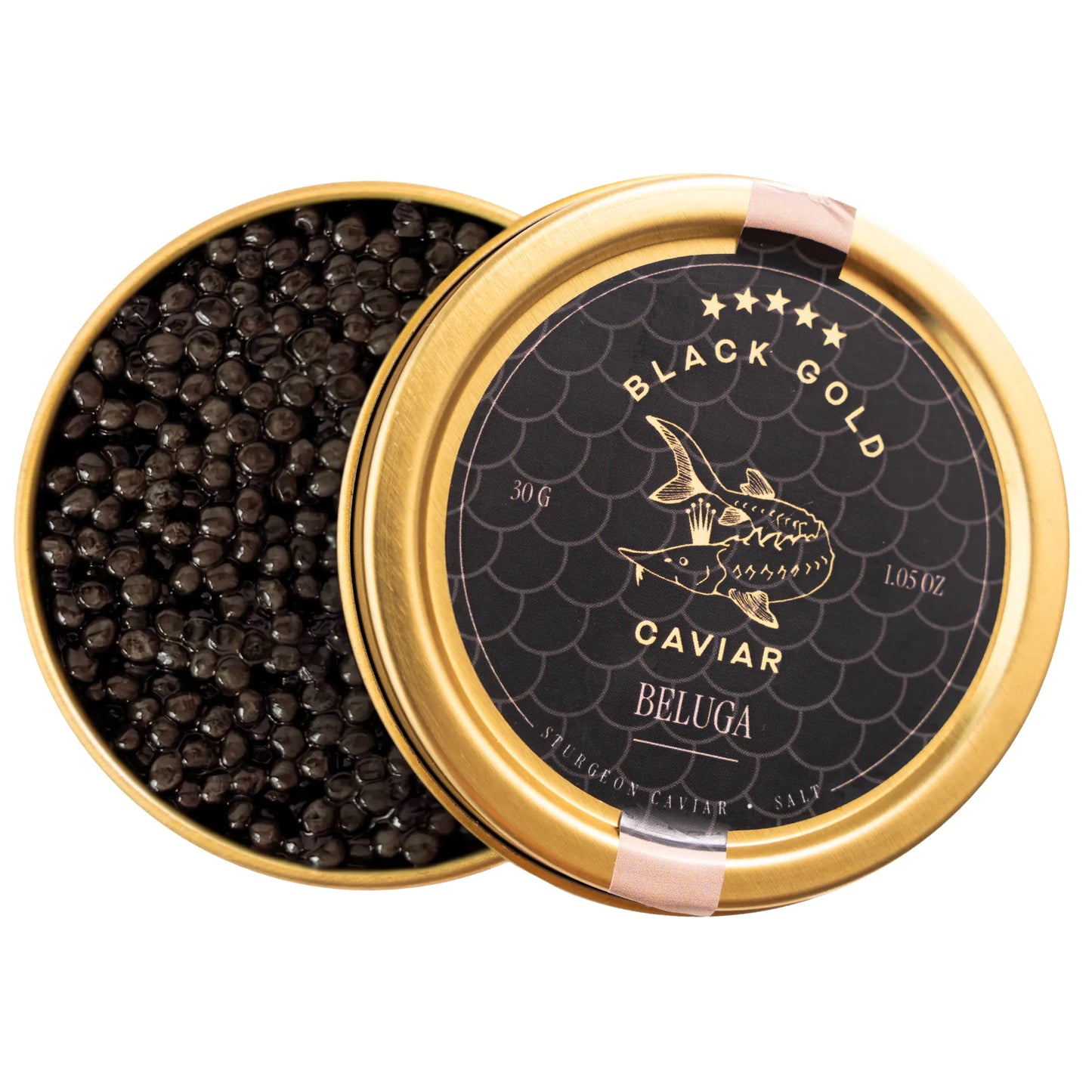 Open jar of premium Beluga caviar with lid on the side