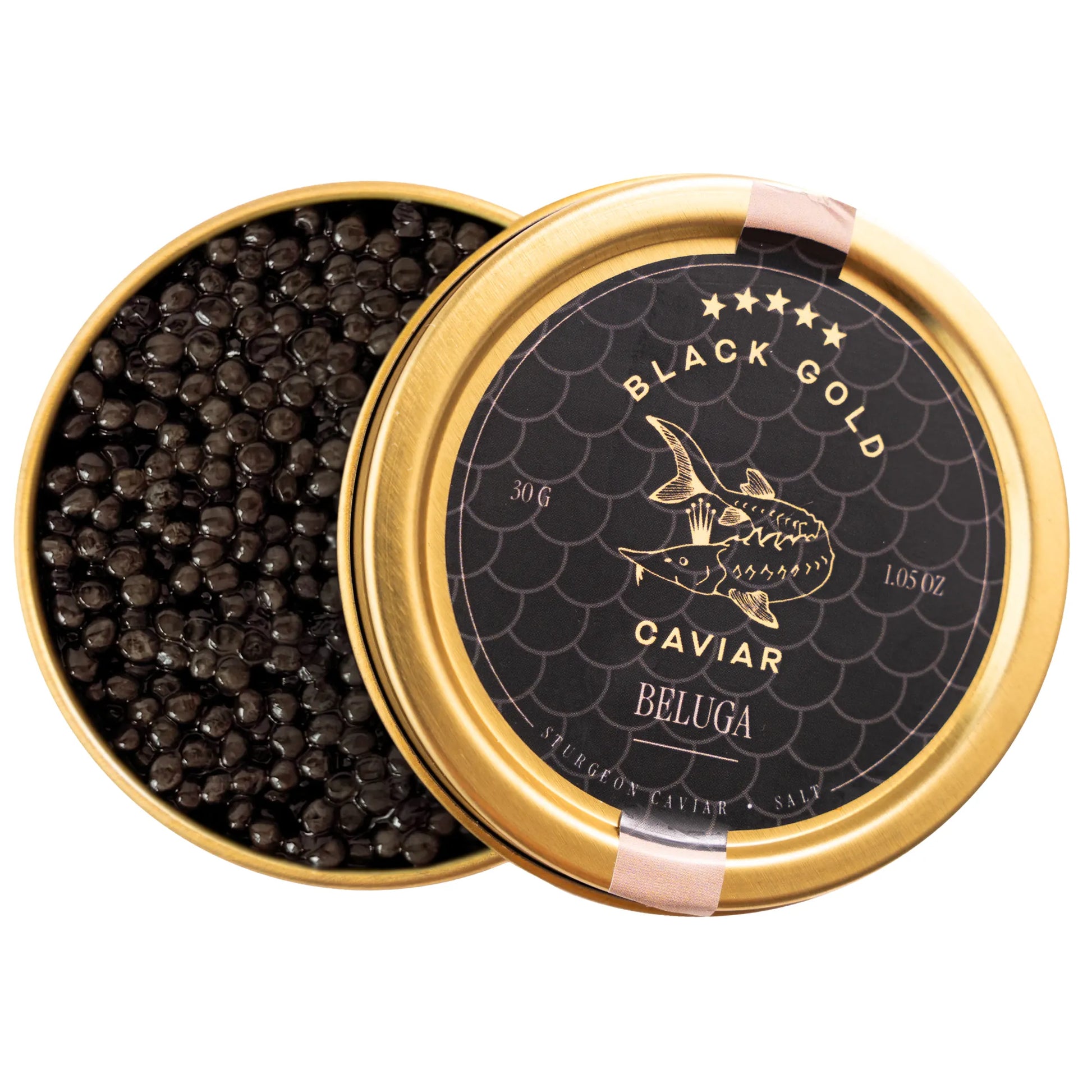 Open jar of premium Beluga caviar with lid on the side