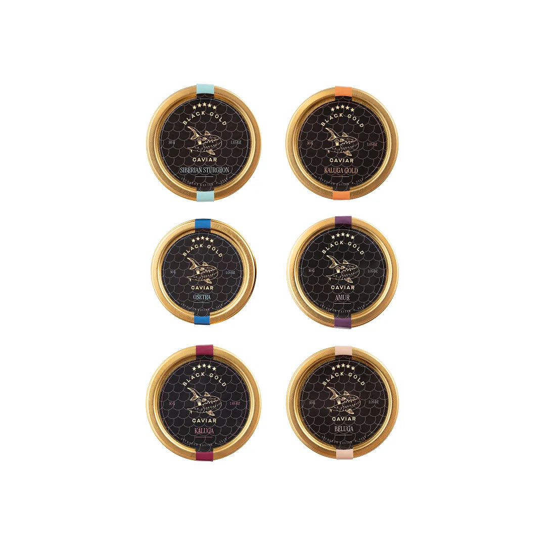 Top view of six open jars from the 1.06 oz full caviar tasting set