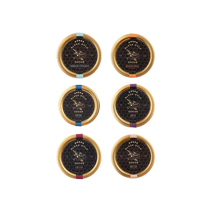 Top view of six open jars from the 1.06 oz full caviar tasting set