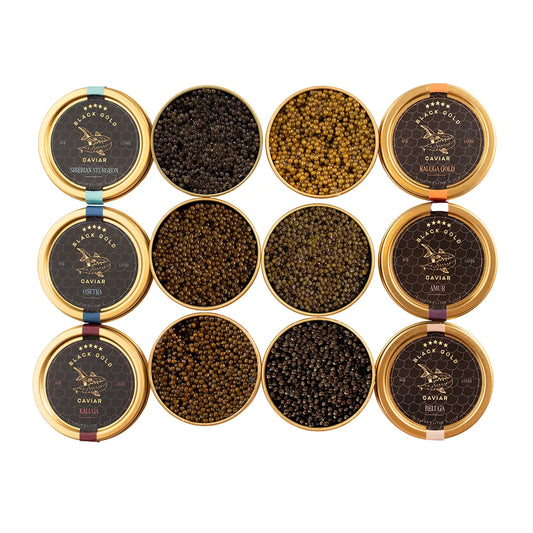 Full caviar tasting set 1.06 oz with six open jars and lids displayed around them