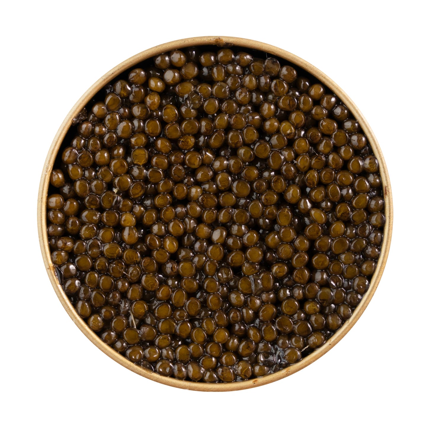 Close-up top view of Kaluga caviar in an open jar