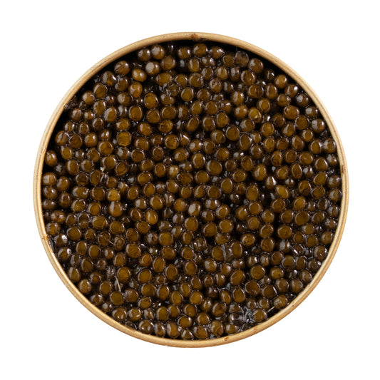Close-up top view of Kaluga caviar in an open jar