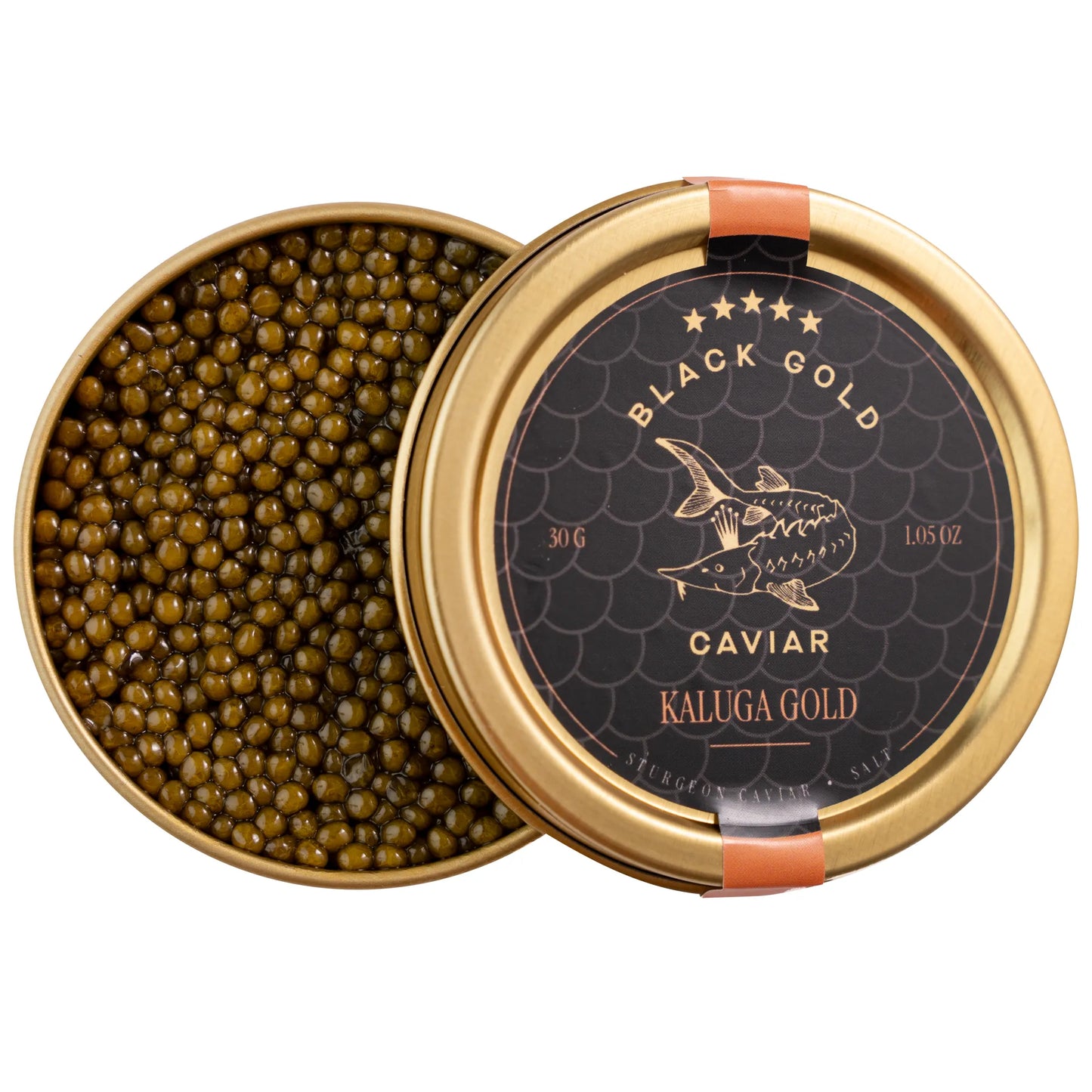 Open jar of Kaluga Gold caviar with golden pearls and lid nearby