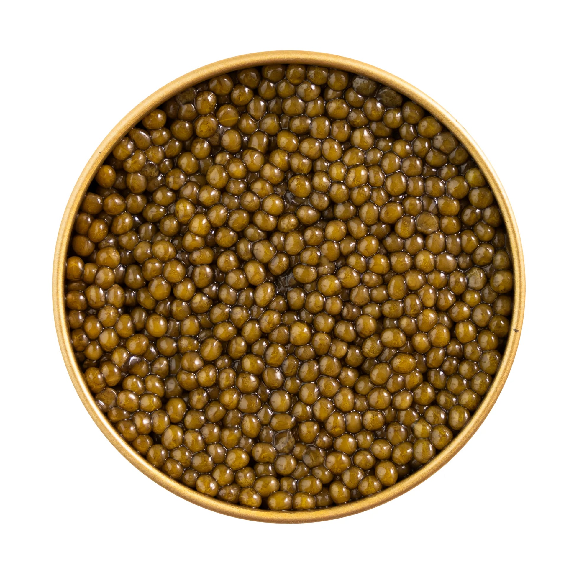 Top view of Kaluga Gold caviar showing golden-medium pearls