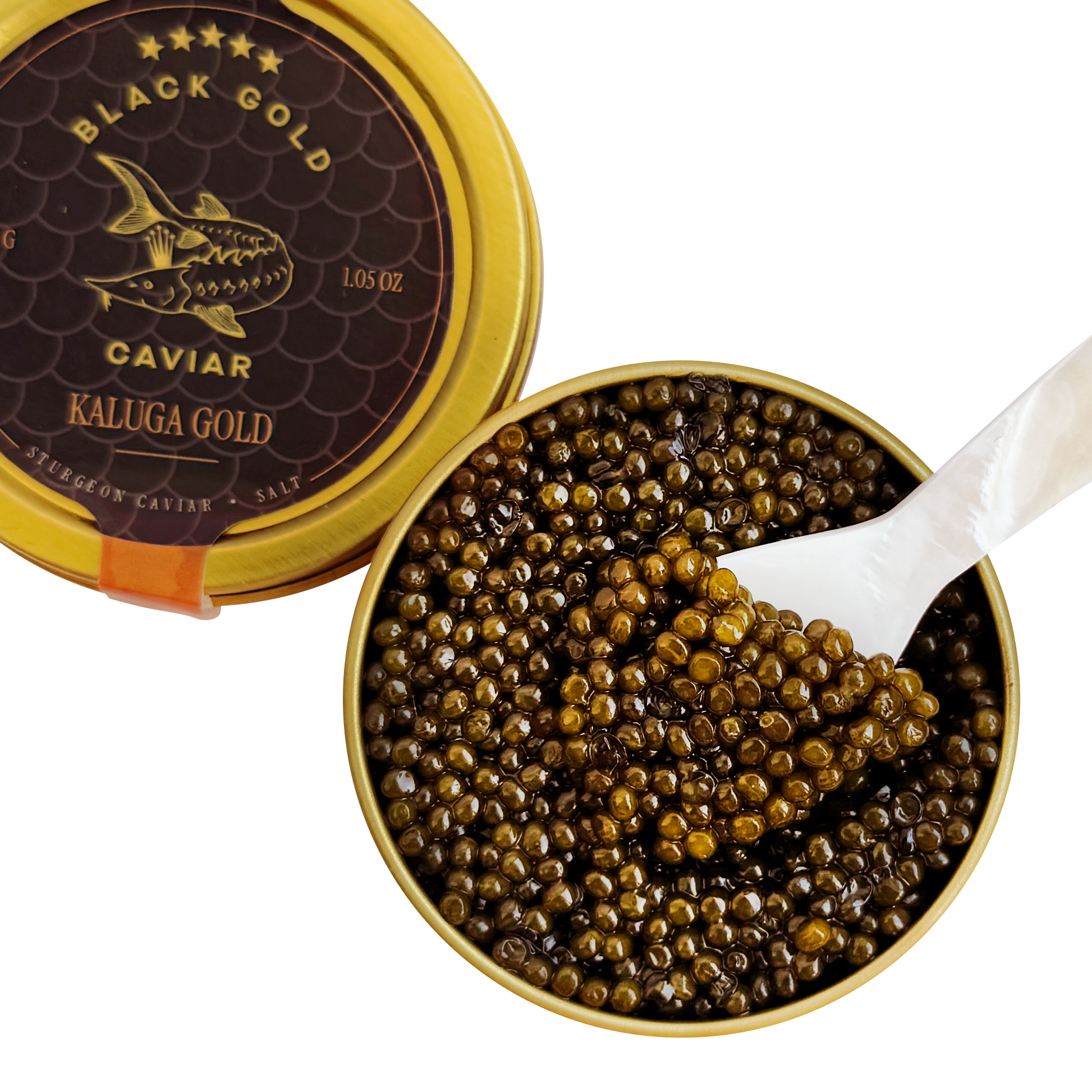 Open container of Kaluga Gold caviar with a spoon inside, featuring the brand name on the lid.