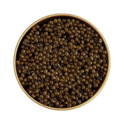 Top view of Osetra caviar showcasing firm medium pearls