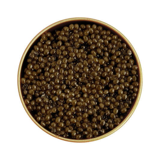 Top view of Osetra caviar showcasing firm medium pearls