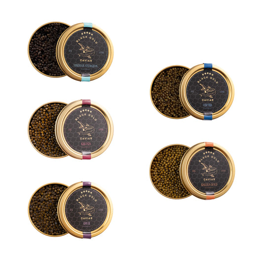 Premium 1.76 oz caviar set with five open jars and lids neatly displayed