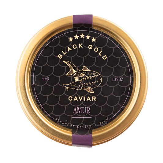Caviar container with gold lid and black label on a white background