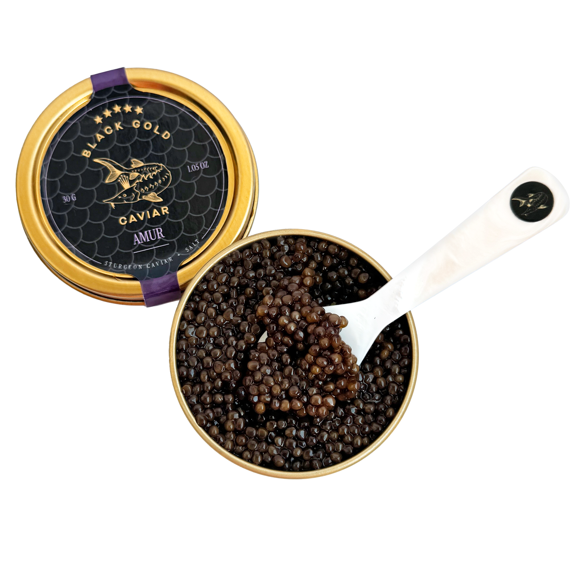 Open jar of premium Amur caviar with glossy black pearls, luxury delicacy, Chicago