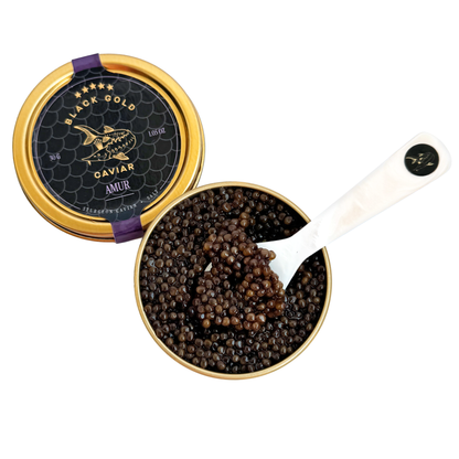 Open jar of premium Amur caviar with glossy black pearls, luxury delicacy, Chicago