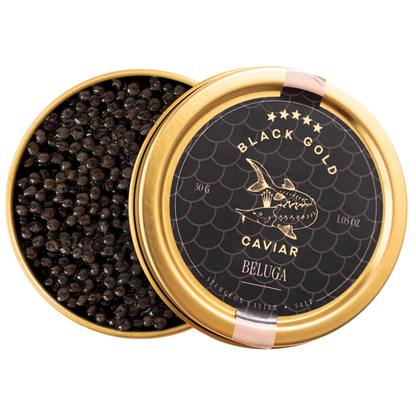 Open tin of Black Gold Caviar Beluga with gold lid on a white background