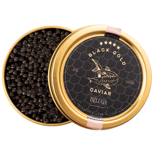 Open tin of Black Gold Caviar Beluga with gold lid on a white background