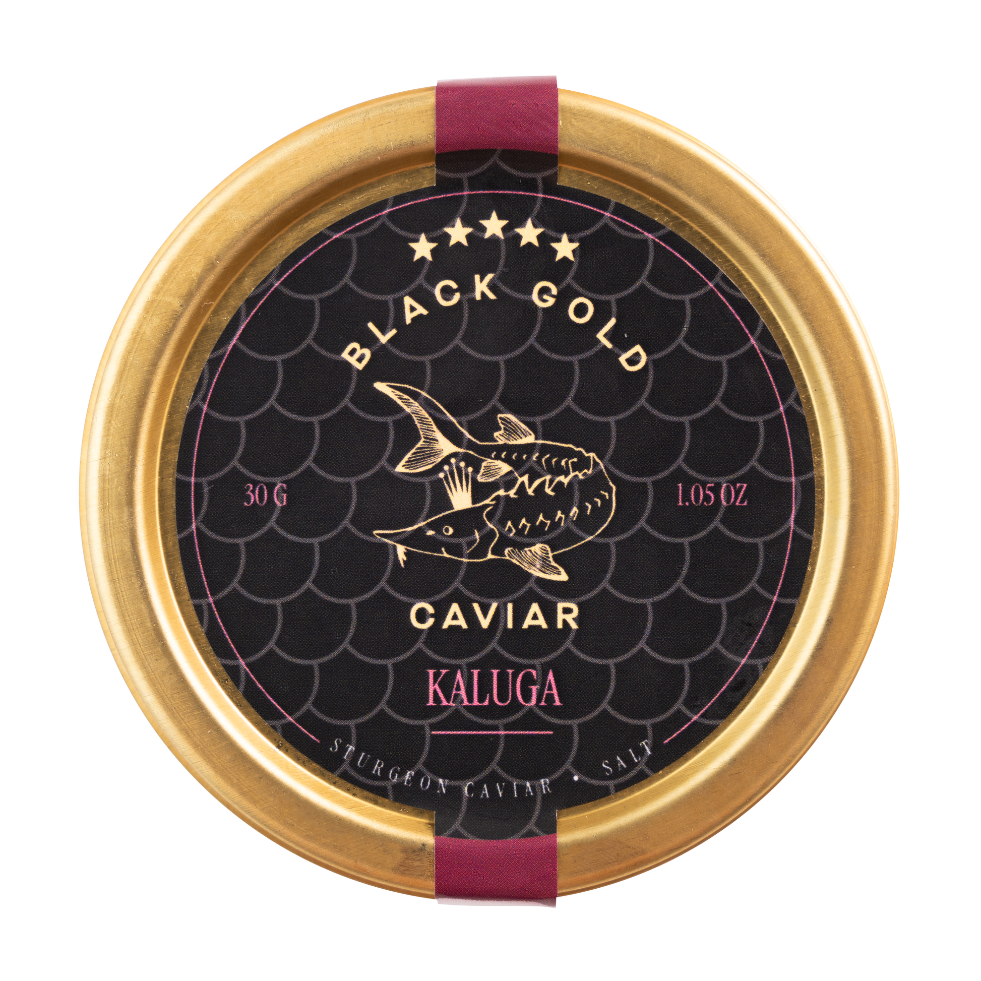 Caviar container with 'Black Gold Caviar Kaluga' label on a white background