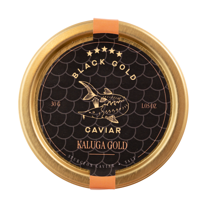 Gold lid of Kaluga Gold caviar with black label and fish illustration
