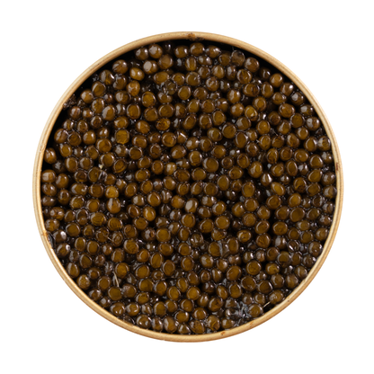 Open jar of Kaluga caviar with dark glossy pearls, rich flavor luxury delicacy, Chicago