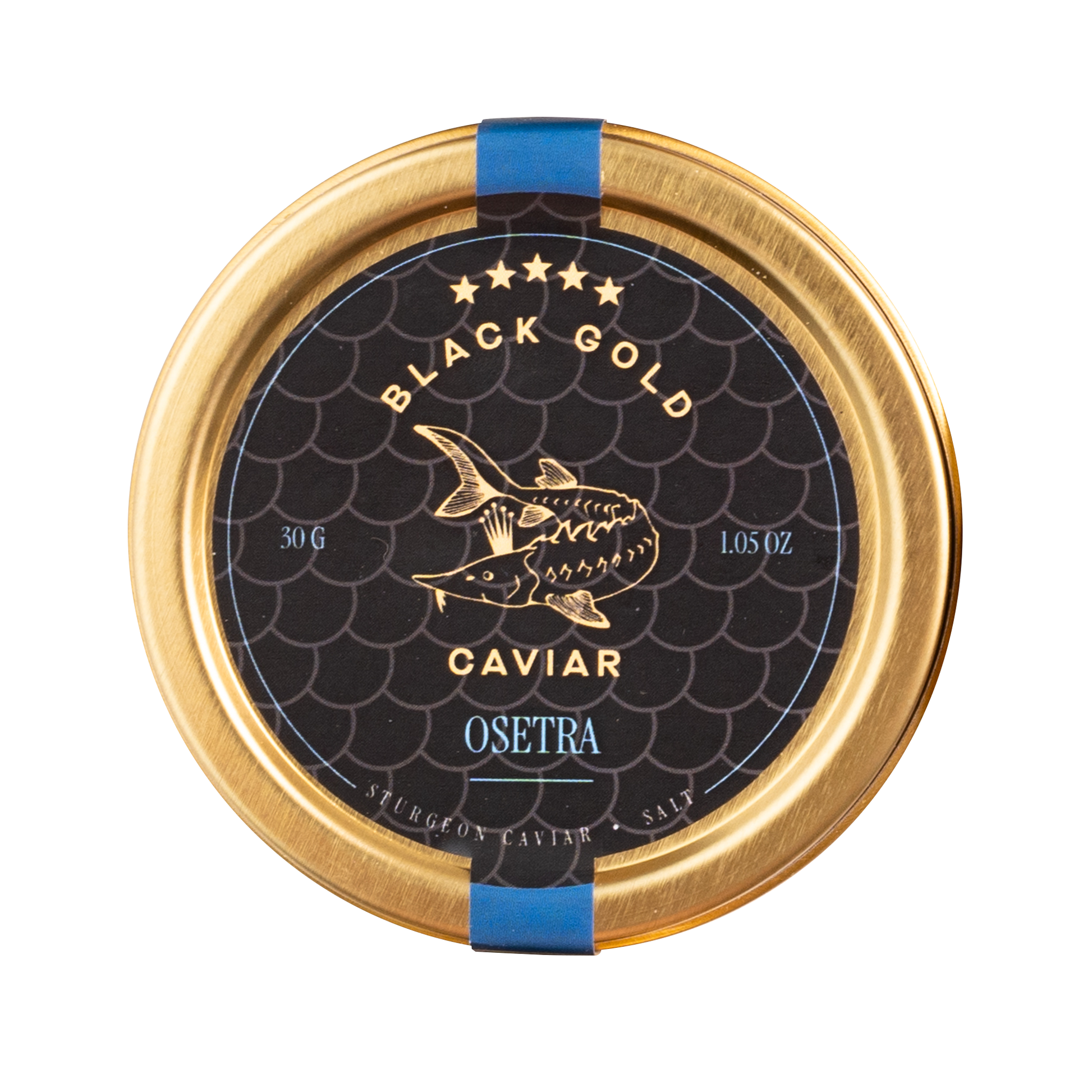 Osetra caviar container with gold lid and black label on a white background