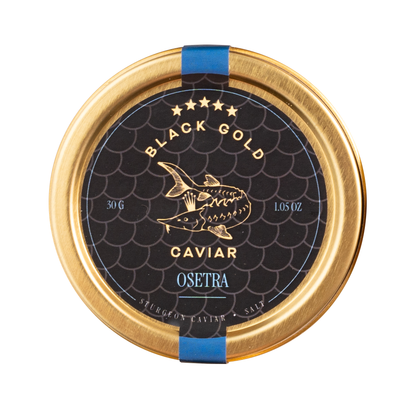 Osetra caviar container with gold lid and black label on a white background