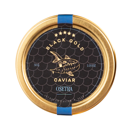 Osetra caviar container with gold lid and black label on a white background