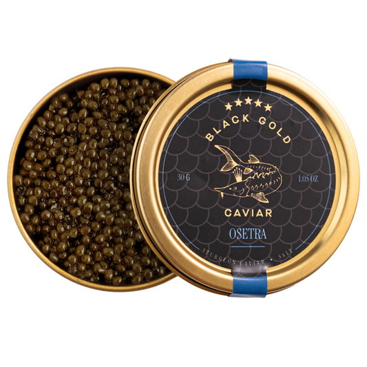 Open jar of Osetra caviar with golden-brown pearls, nutty flavor, luxury delicacy, USA