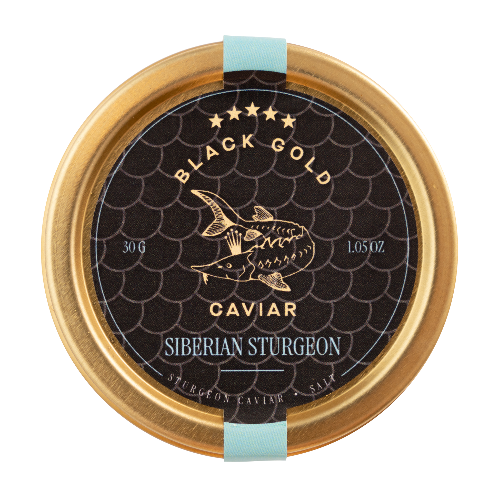 Caviar container with 'Black Gold Caviar' label on a white background