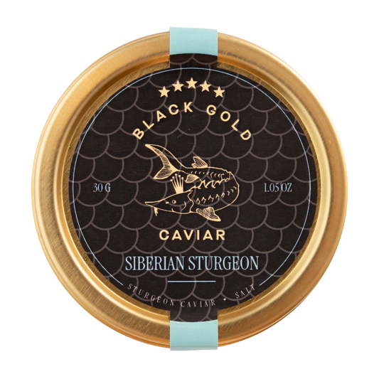 Caviar container with 'Black Gold Caviar' label on a white background