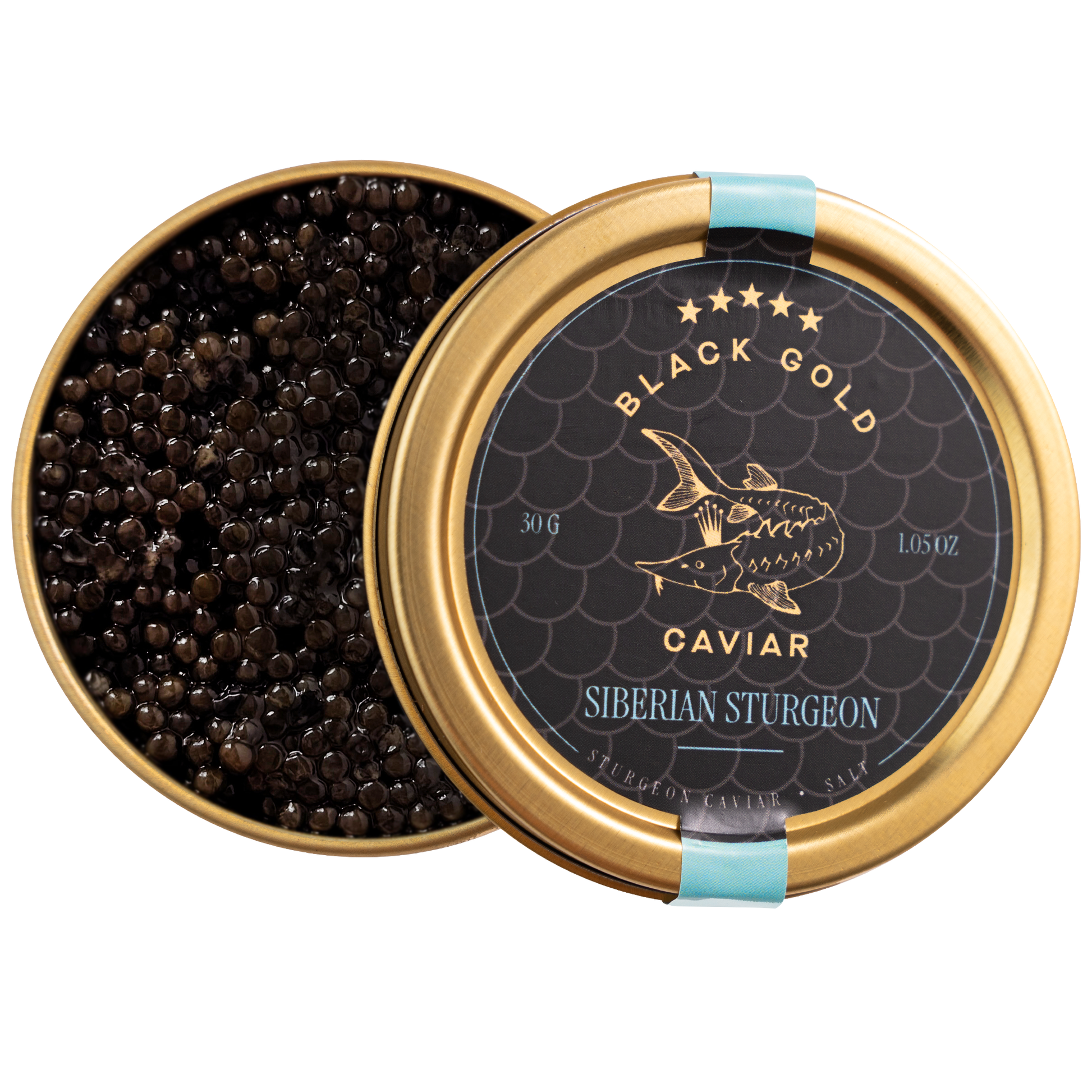 Open gold tin of caviar with 'Black Gold Caviar' label on a white background